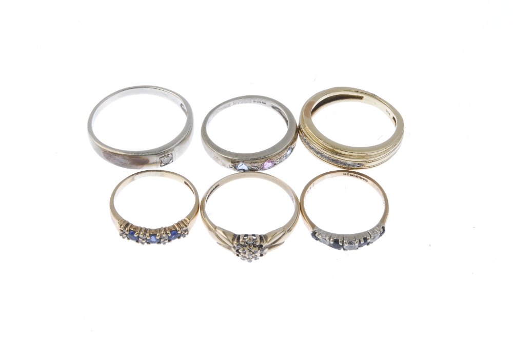 A selection of six gem-set rings. To include two 9ct gold sapphire and diamond rings, a diamond - Image 2 of 3