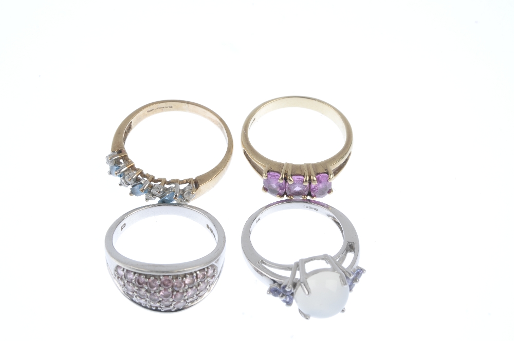 A selection of four 9ct gold gem-set rings. To include a circular moonstone cabochon single-stone - Image 2 of 3