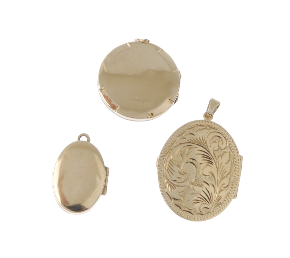 (174110) A group of three assorted lockets. Of varying foliate design, one with a diamond accent. - Image 3 of 4