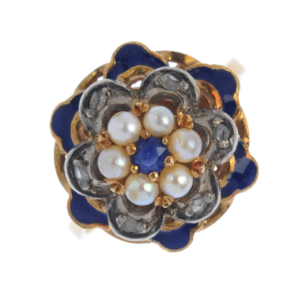 A sapphire, diamond, seed pearl and enamel floral ring. The circular-shape sapphire and seed pearl
