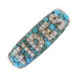 A late 19th century, 18ct gold turquoise and split pearl 'Fides' ring. The ring set with turquoise