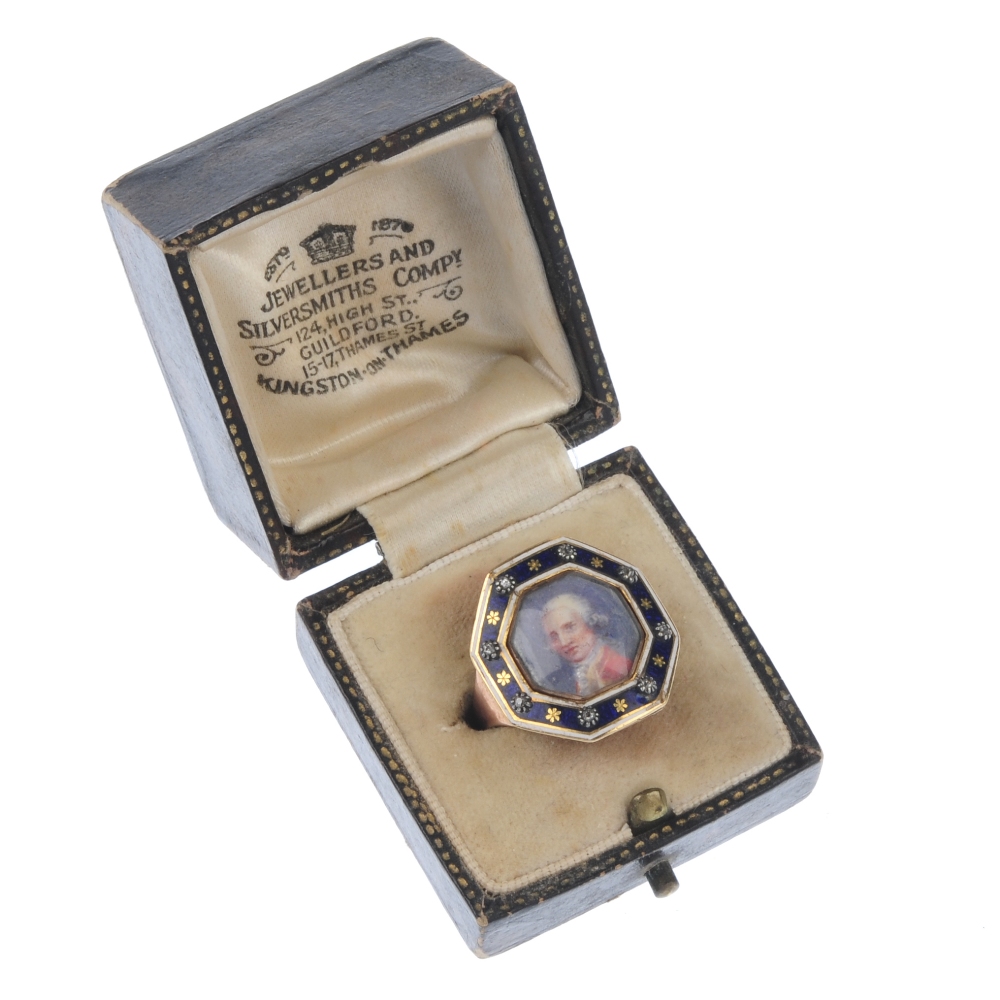 A George III Scottish enamel memorial ring. The octagonal blue and white enamel border with floral - Image 5 of 5