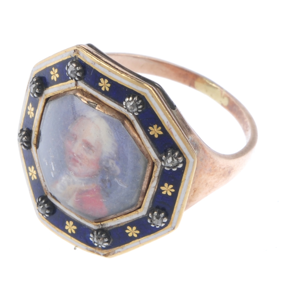 A George III Scottish enamel memorial ring. The octagonal blue and white enamel border with floral - Image 2 of 5