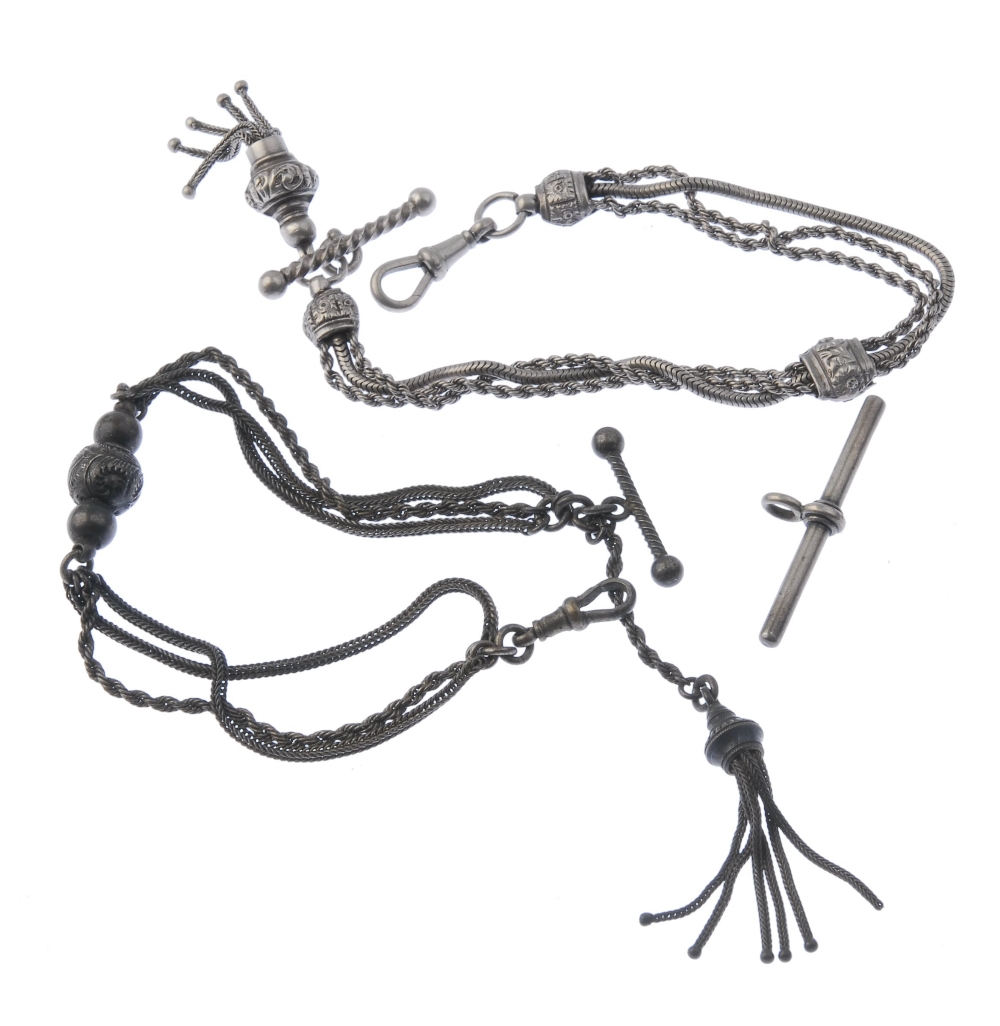 Two Albertinas and four medallions. The three-row Albertinas with tassels and lobster-claw clasps, - Image 3 of 3
