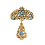 A late 19th century gold memorial turquoise brooch. In two sections, the upper section with