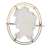 A cameo brooch. The carved white shell section mounted to an open oval-shape surround. Mark