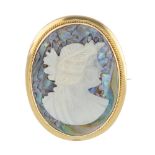 A cameo brooch. Of oval outline, the cameo background in abalone shell with a mother-of-pearl