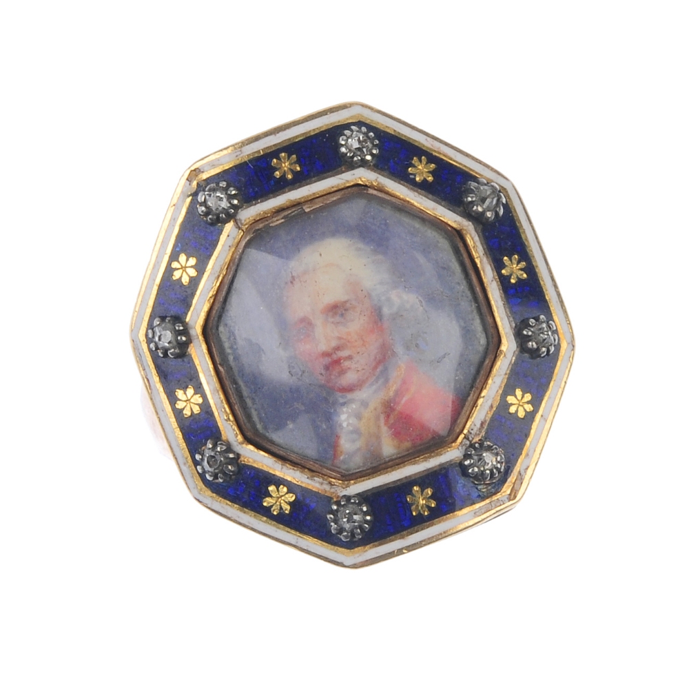A George III Scottish enamel memorial ring. The octagonal blue and white enamel border with floral