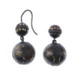 A pair of late 19th century pique tortoiseshell ear pendants. Each designed as two graduated spheres