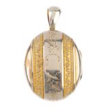 A late 19th century gold plated locket and scarf clip. The locket of oval outline, the parallel