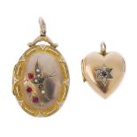Three items of late 19th to early 20th century jewellery. To include a 9ct gold heart-shape