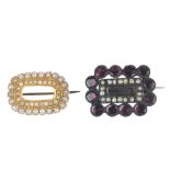 Two mid Victorian gem-set brooches. Each of rectangular outline, to include a split pearl and garnet