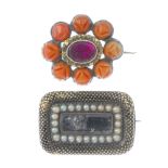 Five mid to late 19th century items of jewellery. To include a coral and paste brooch, an oval