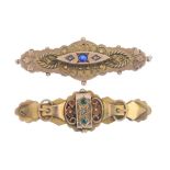 Two late 19th to early 20th century 9ct gold brooches. The first a bar brooch with buckle design