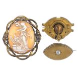 A selection of mainly late 19th century brooches. One of marquise-shape with colourless paste set to