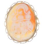 A cameo brooch. The shell carved to depict the Three Graces, dancing with linked arms, to the rope-