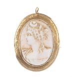 A shell cameo brooch. Carved to depict a lady in profile. Marks indicating gold. Length 4.5cms.
