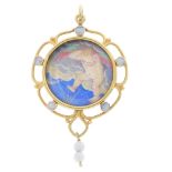 An mid 20th century 18ct gold gem-set hand painted picture pendant. The circular central glazed