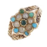A mid-Victorian gem-set ring. Designed as a cluster of split pearls and turquoise cabochons, to