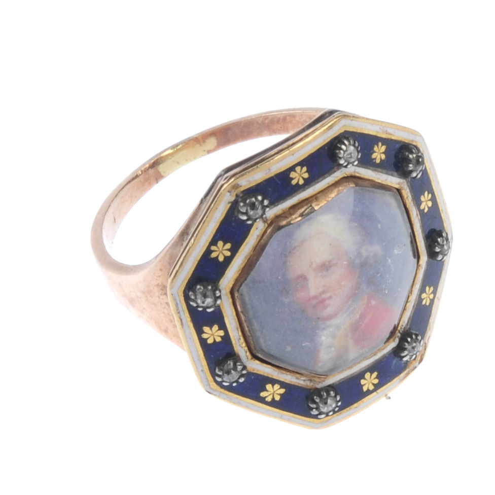 A George III Scottish enamel memorial ring. The octagonal blue and white enamel border with floral - Image 4 of 5