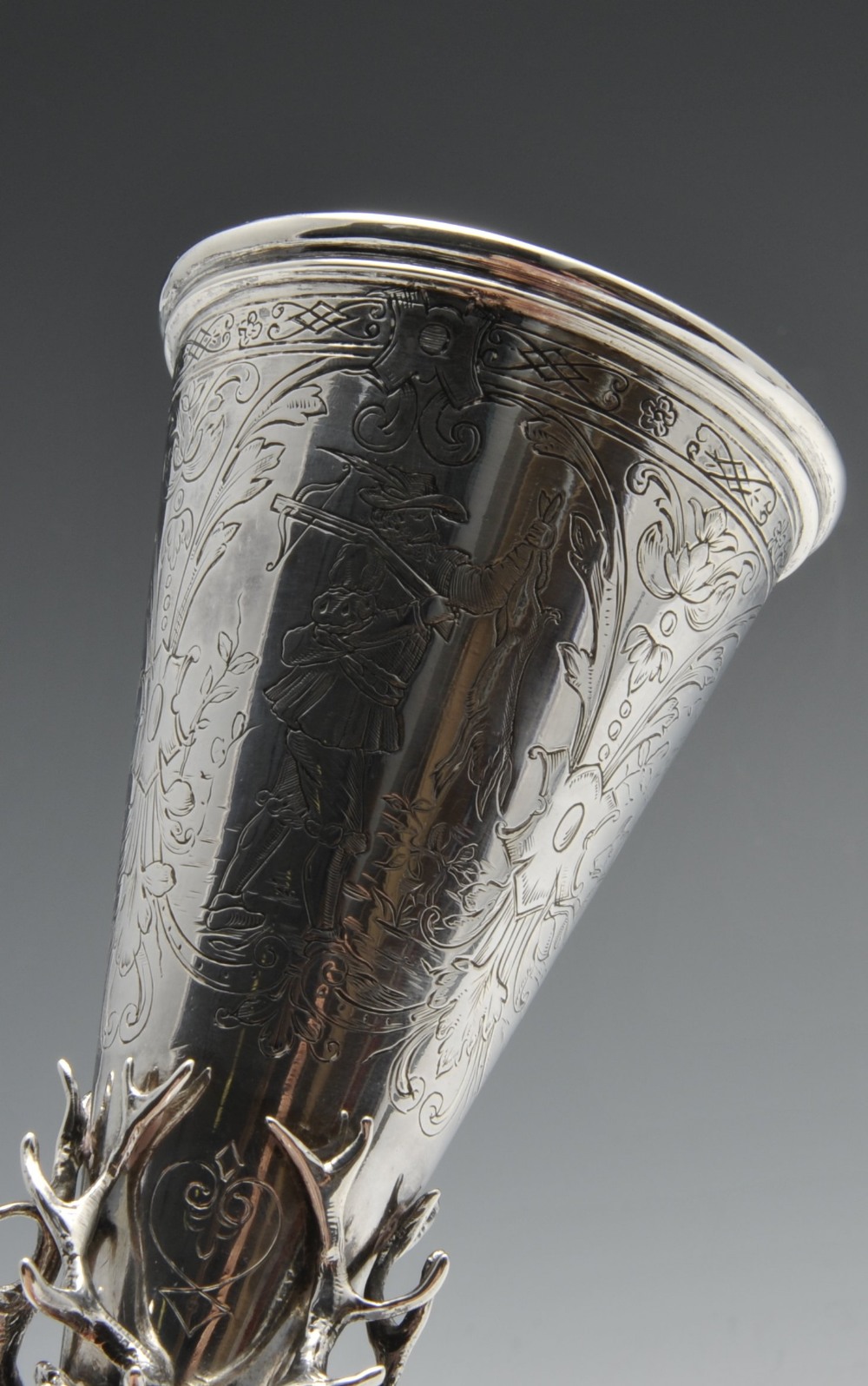 A late nineteenth century imported silver hunting cup and cover, the conical body engraved with - Image 4 of 6