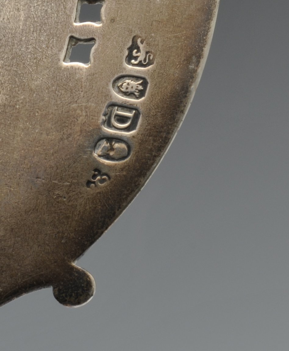 A George III silver fish slice, the oval blade with engraved and pierced border, monogram with - Image 2 of 4