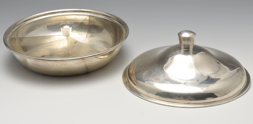 A mid-twentieth century silver entree dish of plain circular form, the cover opening to a detachable - Image 2 of 6