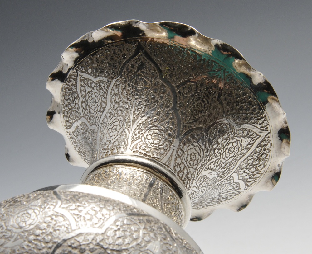 A pair of large white metal Persian vases, the urn form with flared and scalloped rim, the whole - Image 2 of 5