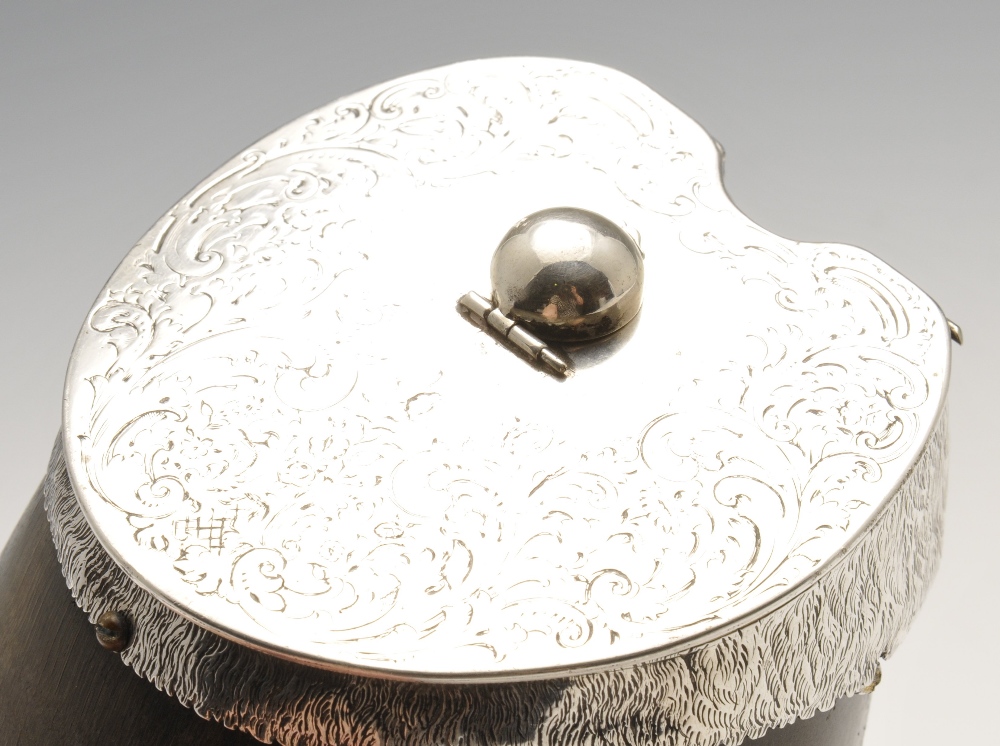 An early Victorian silver mounted hoof inkwell, the hinged lid engraved with floral motifs and - Image 4 of 7