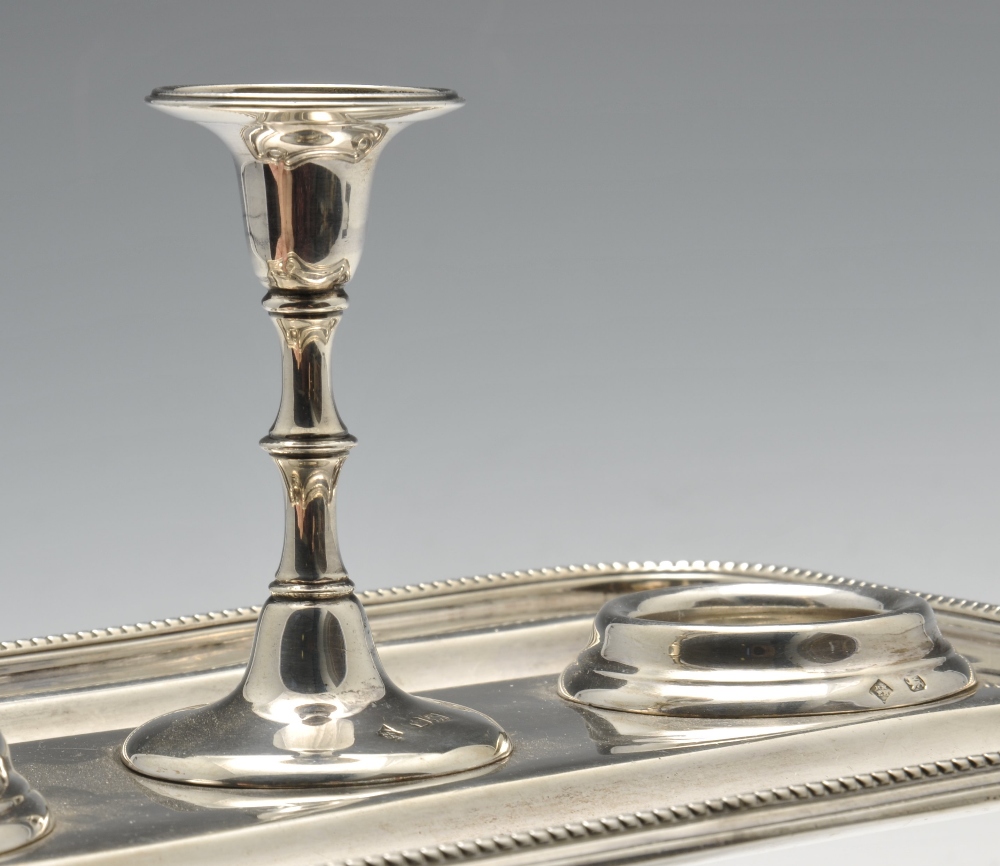 A late Victorian silver inkstand of rounded rectangular form with beaded rim and raised on four - Image 4 of 11