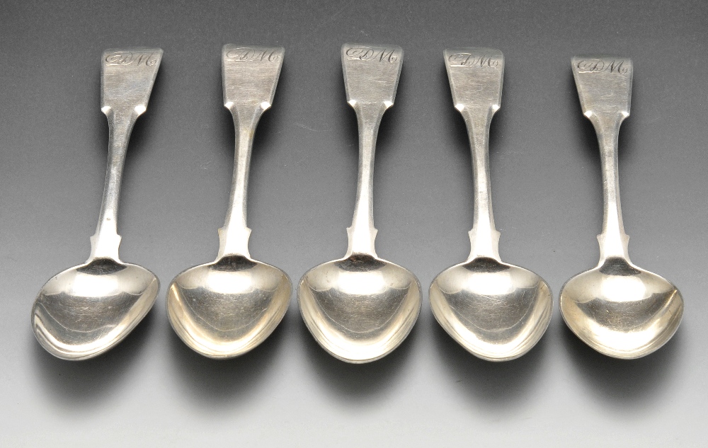 A part set of five Scottish provincial silver Fiddle pattern teaspoons, having initialled terminals,