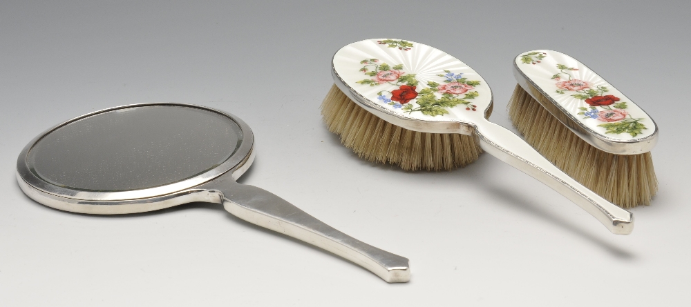 A 1960's cased silver mounted three piece dressing table set, comprising hand mirror hair brush - Image 3 of 9