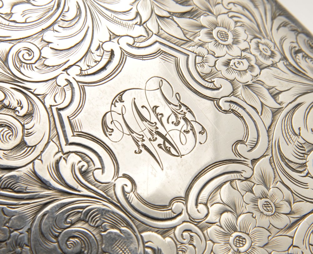 A Victorian silver hip flask, the pocket form with floral scroll engraving and initialled cartouche. - Image 3 of 5