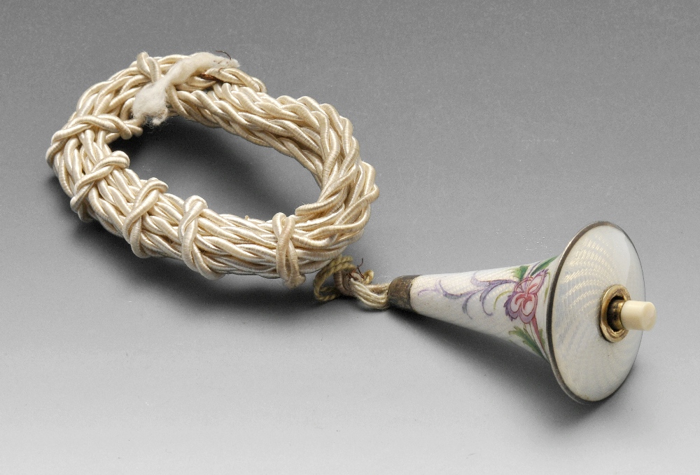 An early twentieth century electric bell pull, the flared body with ivory guilloche enamel