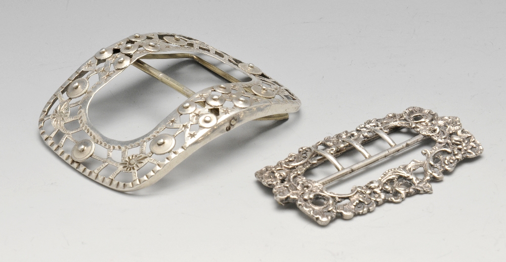 A late Victorian silver shoe buckle, cast and embellished with floral scrolls, hallmarked Chester