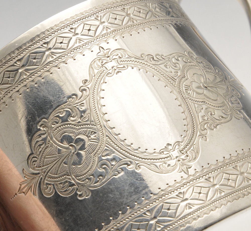 A Victorian silver twin-handled sugar bowl, the tapered form with engraved floral motif border and - Image 3 of 4