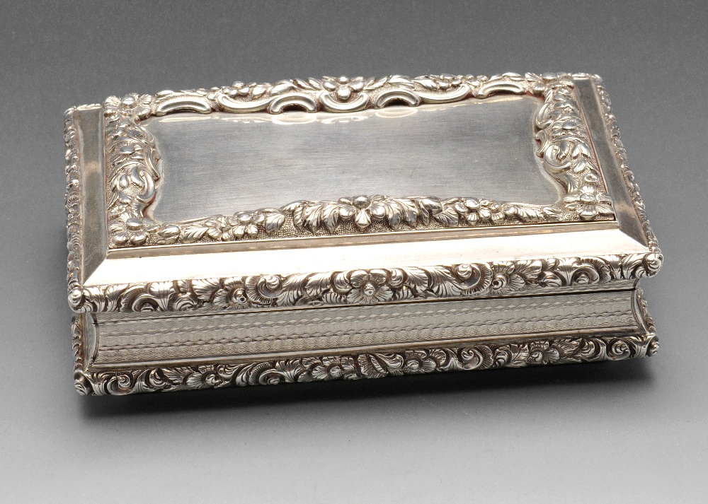 A William IV large silver snuff box by Nathaniel Mills, of rectangular form with engine-turned