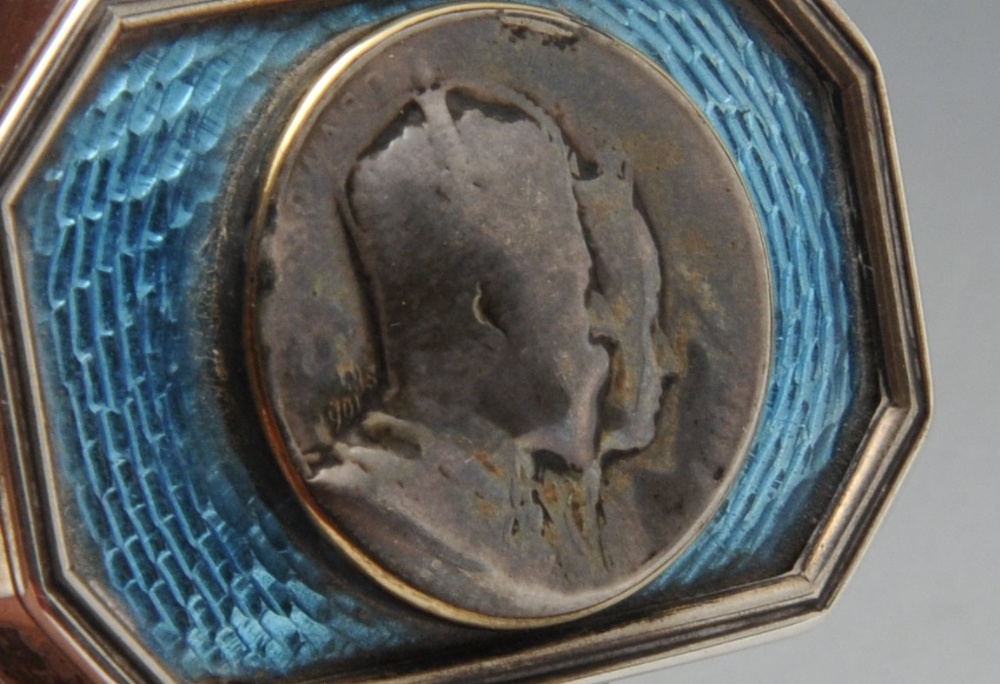 An Edwardian commemorative silver pill box, the elongated octagonal form, enamelled to the hinged - Image 5 of 9