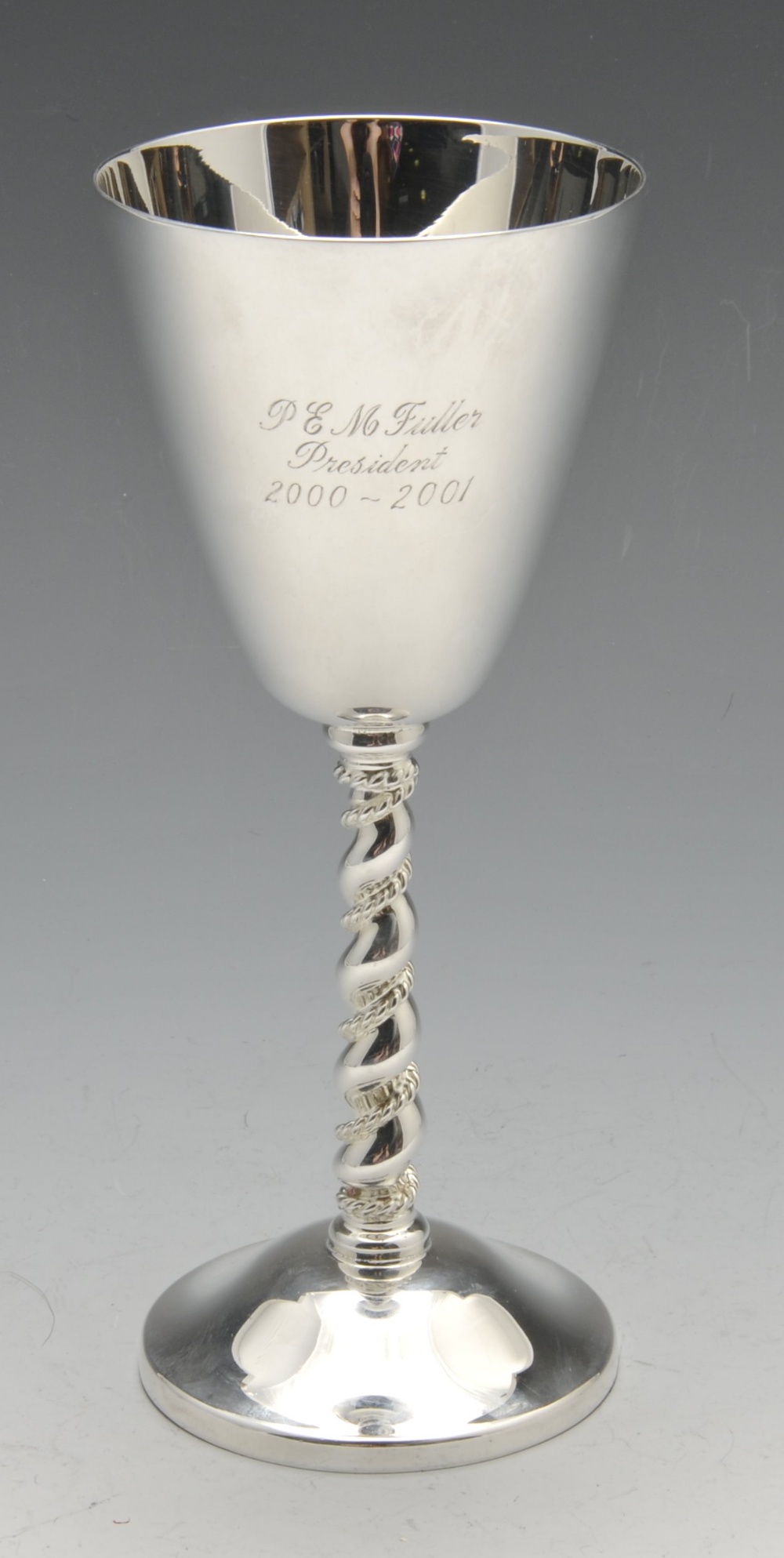 A matched pair of modern silver goblets, with presentation engraving and coat of arms above a ribbed - Image 4 of 8