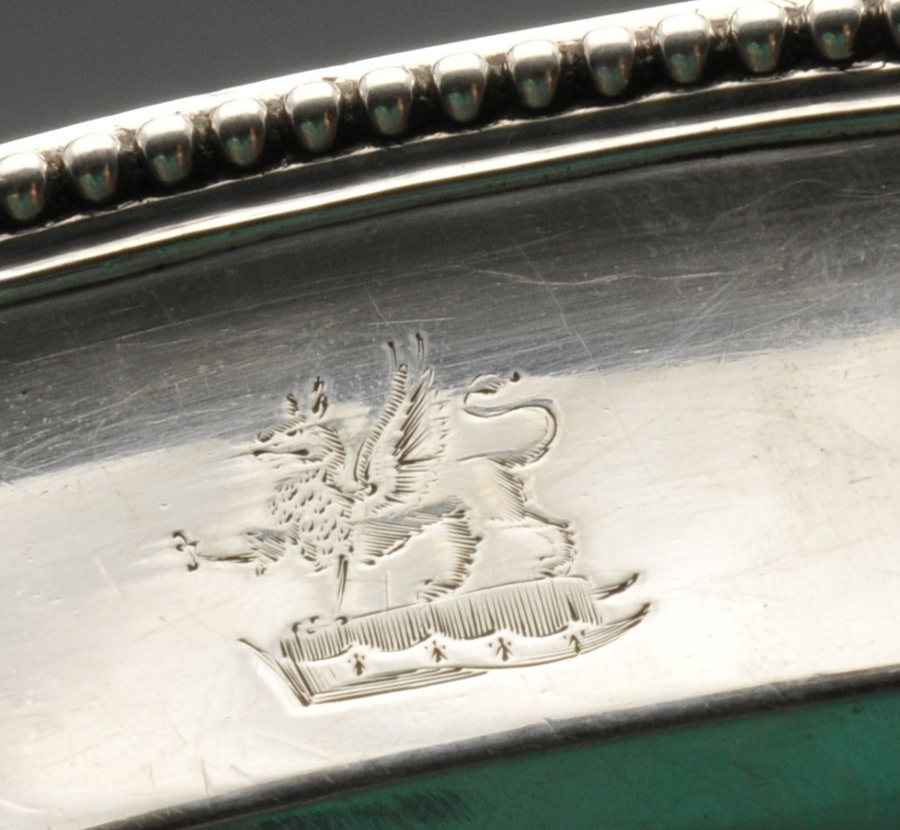 A George III silver meat dish by Paul Storr, the oval form with dual crests, raised edge with beaded - Image 2 of 3