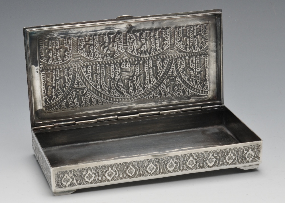 A Middle Eastern box of rectangular form, ornately decorated throughout with stylised floral and - Image 2 of 5