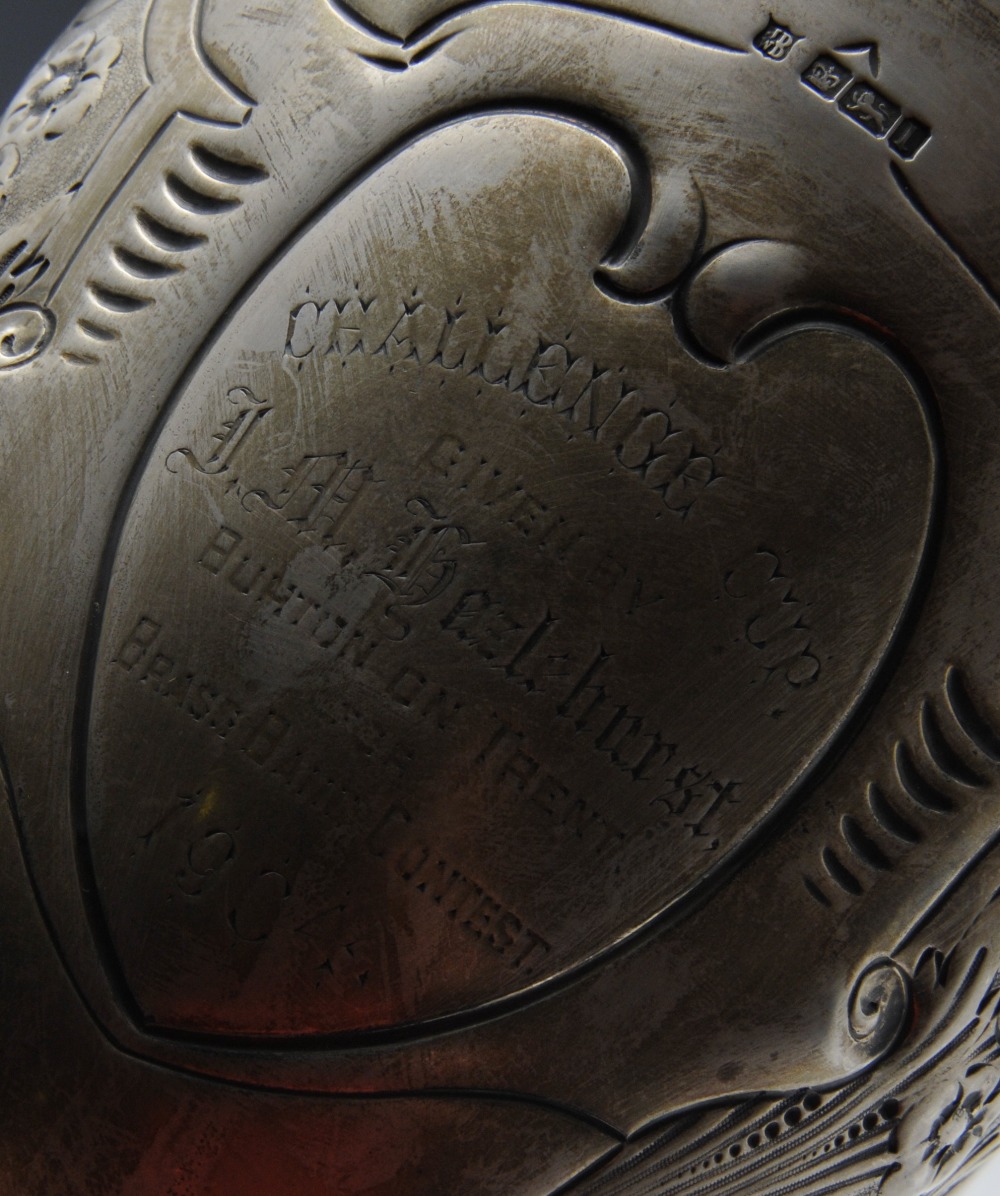 An Edwardian silver trophy cup, the goblet form with Art Nouveau embossed decoration surrounding the - Image 3 of 6