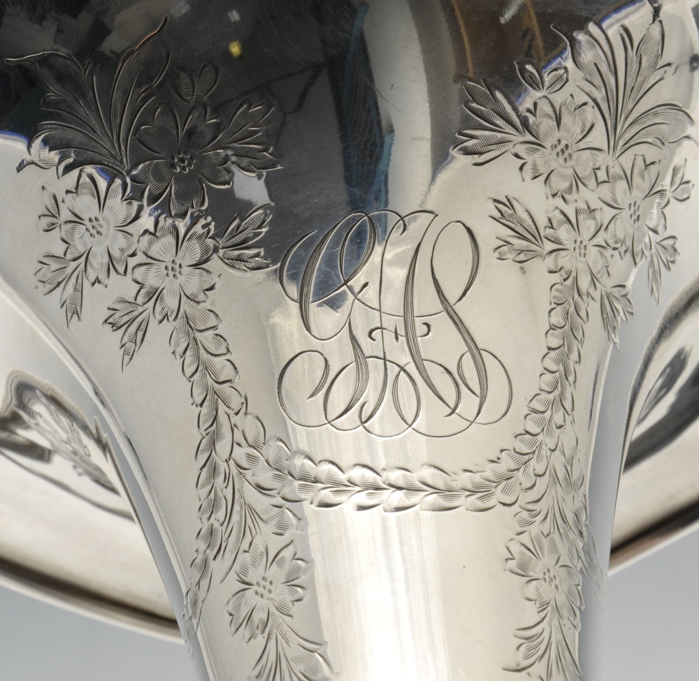 A pair of Tiffany & Co. silver vases, the tapering bodies with floral garland engraving and monogram - Image 2 of 5