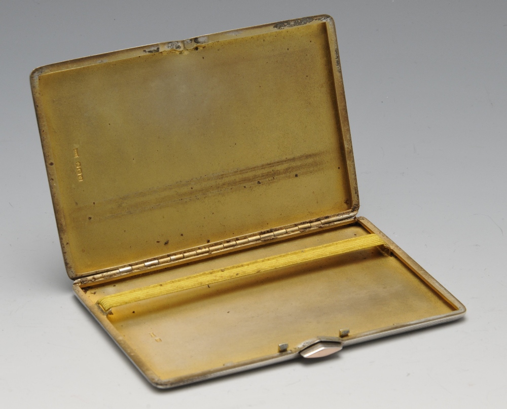 A 1930's silver cigarette case of oblong form with engine-turned decoration, gold tone border and - Image 2 of 5