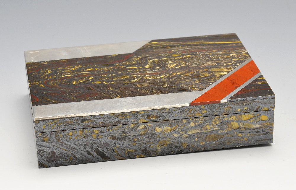 A 1930's ornamental marble box, the oblong form inlaid with jasper and silver. Signed to the inner