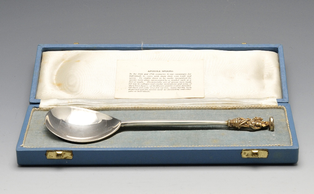 A modern reproduction silver Apostle spoon of typical form with fig-shaped bowl and silver-gilt