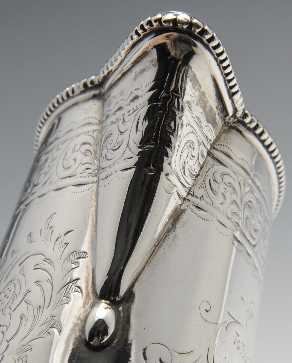 A Victorian silver sugar and cream with military interest, the oval tapered bodies within beaded - Image 8 of 8