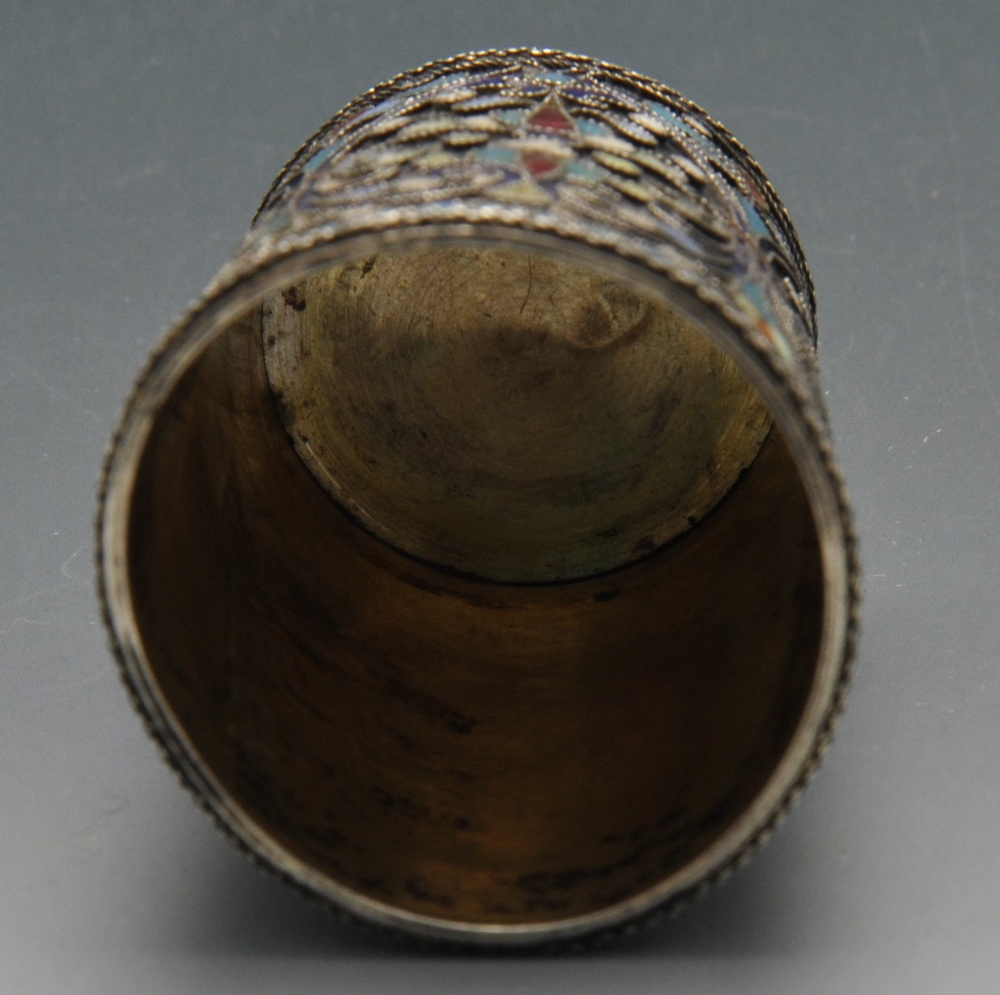 An early twentieth century Russian silver and cloisonnÚ enamel beaker or shot cup, the small, - Image 5 of 5