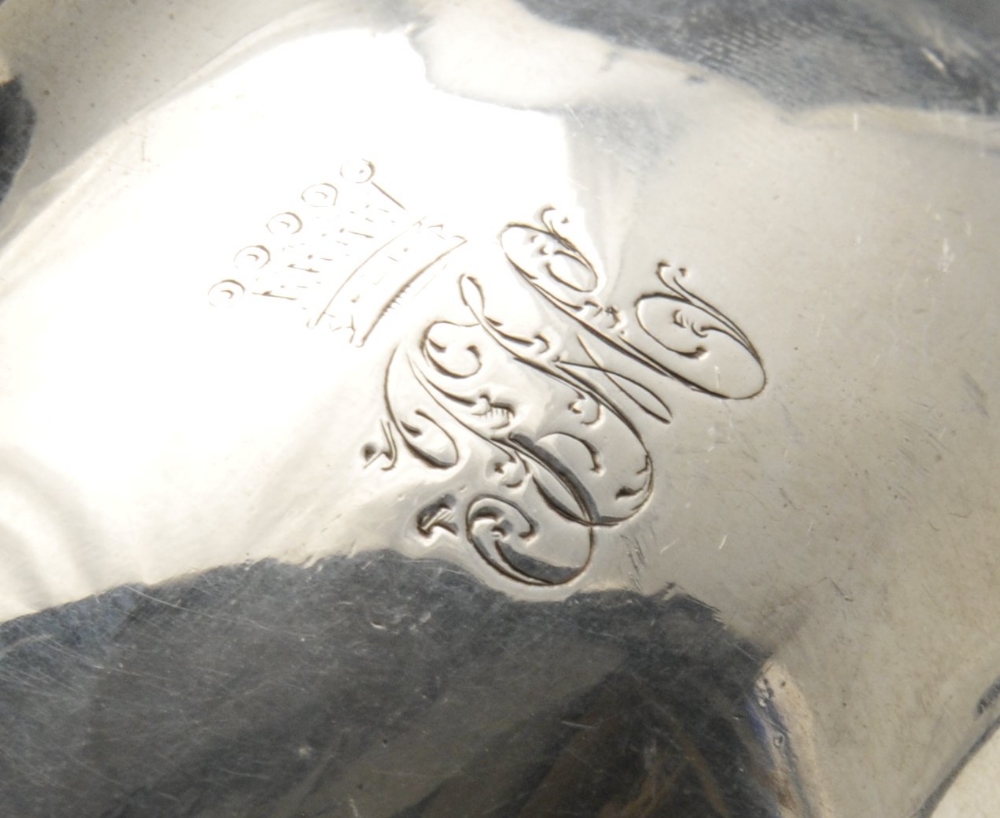 An early George III silver sugar bowl of circular bellied form, having a shaped rim, engraved with a - Image 2 of 5