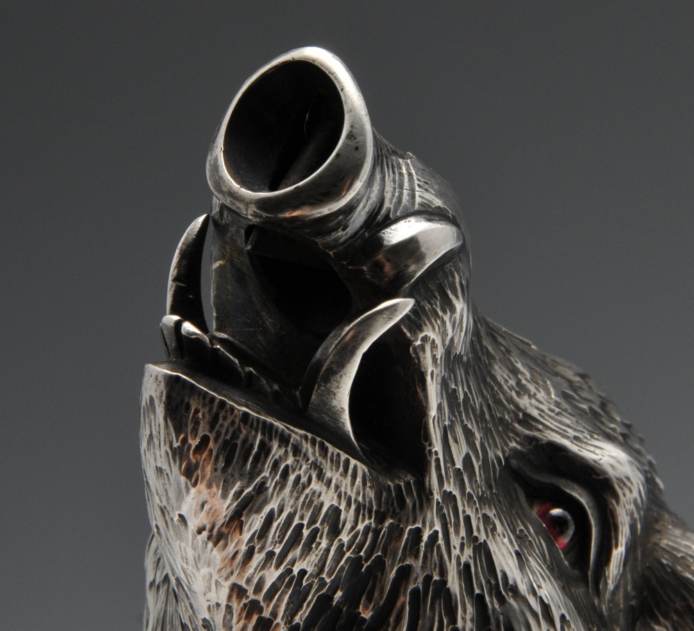 An Austrian silver mounted boar tusk cigar cutter, circa 1900, the realistically modelled boars head - Image 7 of 9